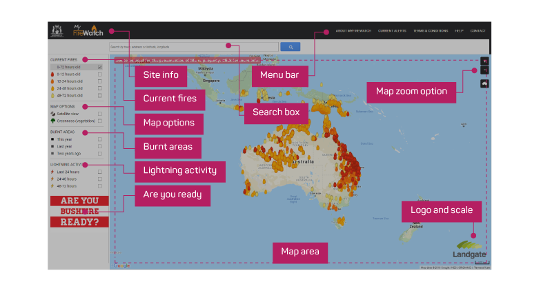 Areas of interest overlaid on MyFireWatch screenshot