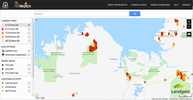 MyFireWatch screenshot showing fires overlaid onto map