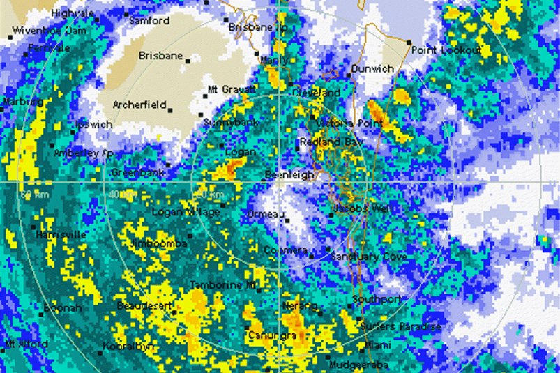 Mt Stapylton weather radar rain image exhibiting some vorticity structure over Brisbane.