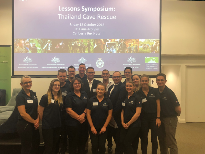 Emergency Management Australia staff with Dr Richard Harris and Dr Craig Challen. Image: Department of Home Affairs