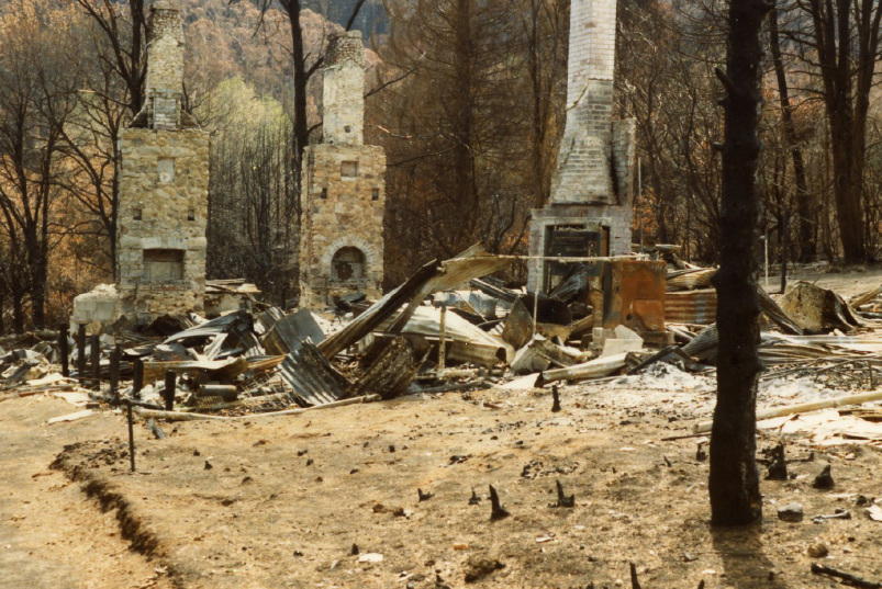 Remains of a house in Mount Macedon, Victoria after the Ash Wednesday bushfires in 1983 when 180 fires caused widespread destruction across Victoria and South Australia