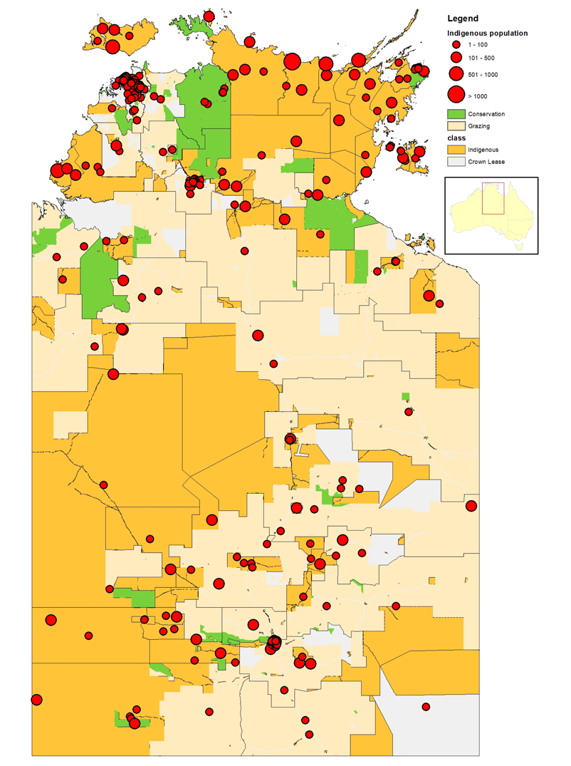 Figure 1: Indigenous communities and dominant land uses in the Northern Territory. Source: ABS 2016, CAPAD 2016 and Aboriginal land entitlements under ALRA (1976).