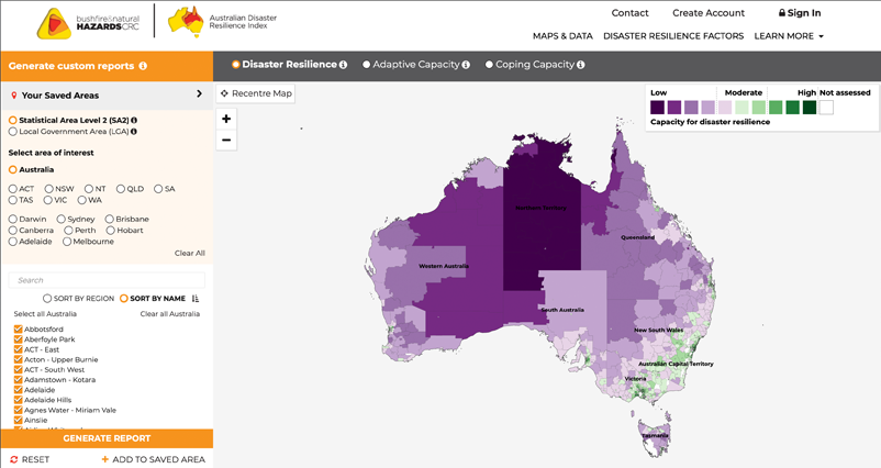 Figure 1: The Australian Disaster Resilience Index provides a national picture of disaster resilience, with an interactive map, detailed reports and information about strengths and barriers to disaster resilience of each community.  Source: Bushfire and Natural Hazards CRC