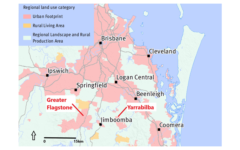 Figure 2. The Greater Flagstone and Yarrabilba priority development areas within Logan City local government area.  Source: Queensland Department of Infrastructure, Local Government and Planning (2017a). The information on the maps in this source is not intended for reference to specific parcels of land and should be treated as indicative only.