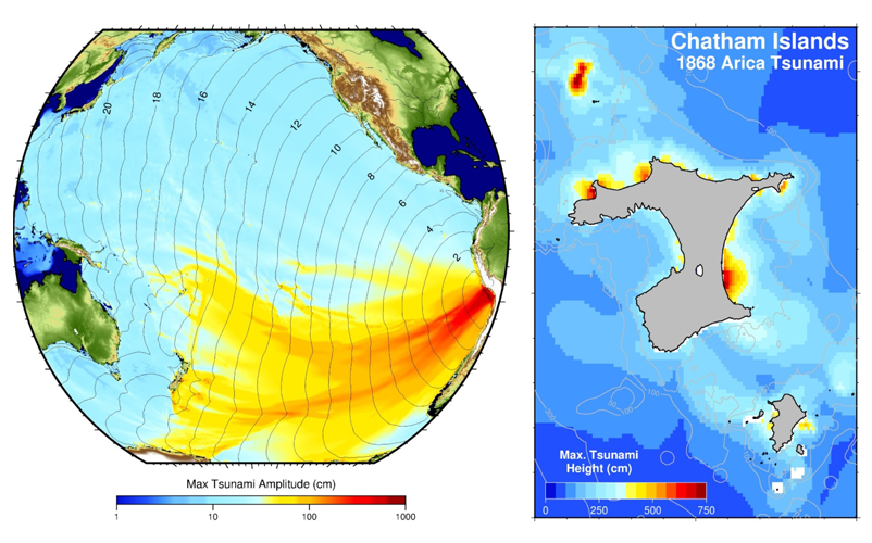 Figure 2: Trans-Pacific propagation pattern of the 1868 Arica tsunami (left) and modelled tsunami height around the Chatham Islands coastline (right).  Image: Jose Borrero