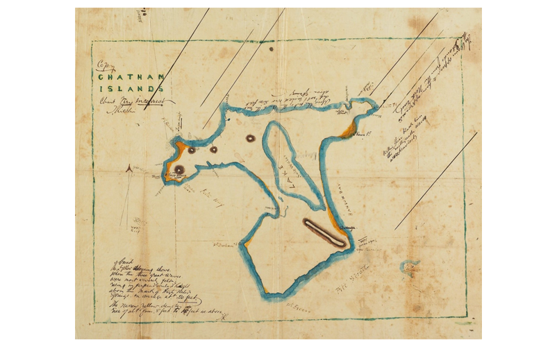 Figure 3: Map of the 1868 tsunami inundation (yellow) produced by local run holder and trader, Mr Thomas Ritchie.  Image courtesy of National Museum of New Zealand Te Papa Tongarewa (1868)