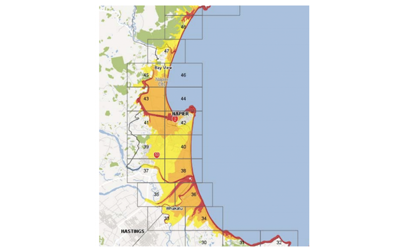 Figure 1: Modelling shows the tsunami inundation risk zones around Napier and extending into low-lying areas.    Source: Hawke’s Bay Regional Council and Hawke’s Bay Civil Defence Emergency Management Group