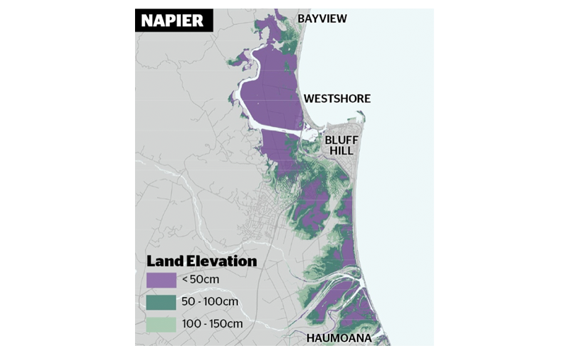 Figure 2: Land elevations around Napier show that elevations below 1.5 metres are particularly exposed to tsunami risk.   Source: Sharpe 2015