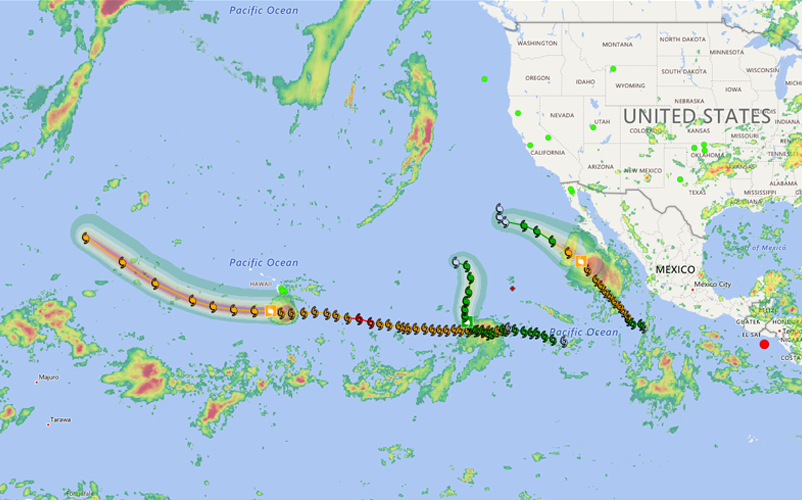 Figure 2: A snapshot of the Pacific Disaster Center global hazard map over the central and eastern Pacific Ocean (taken at 04:49 UTC 9 August 2018 from the publicly available version of the Pacific Disaster Center DisasterAWARE hazard mapping product).