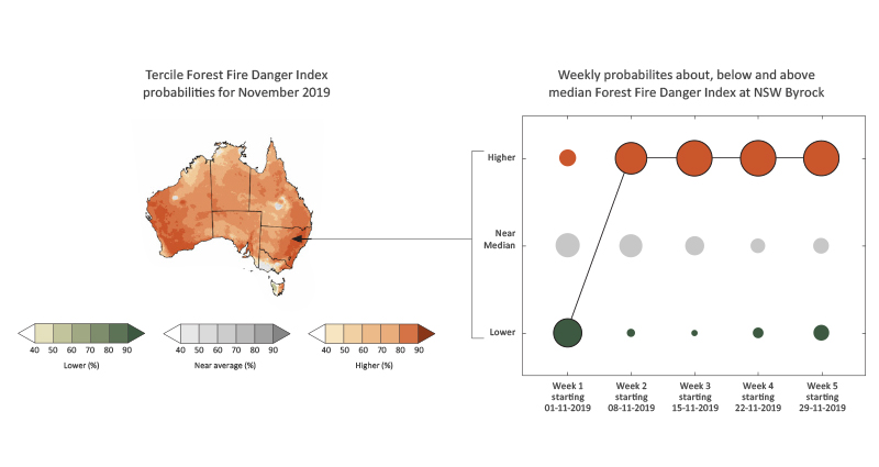 Figure 2: Tercile plot and timeseries for a NSW location, illustrated using Forest Fire Danger Index data from 1 Nov 2019. Image: Bureau of Meteorology