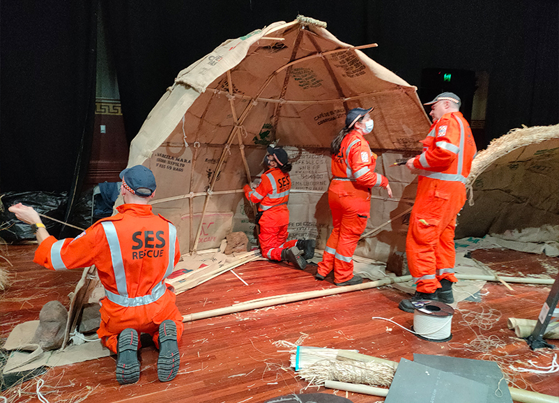 Refuge 2021: Displacement. SES personnel building a temporary shelter. Image: Faye Bendrups
