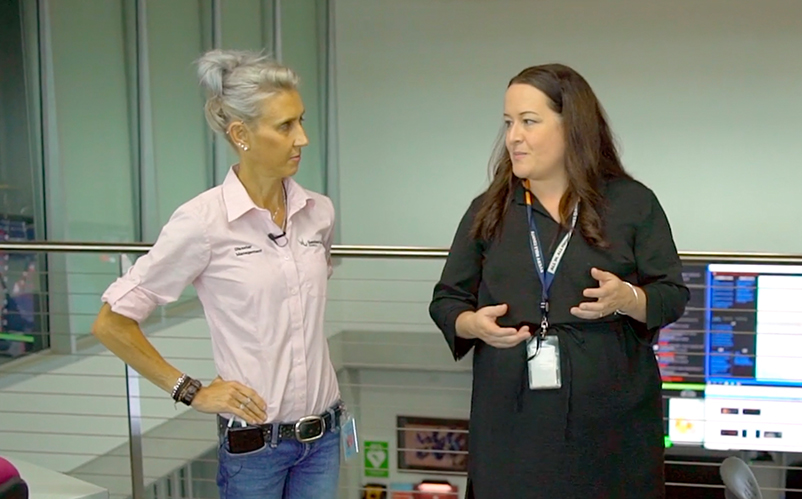 Cathy Buck from the Sunshine Coast Council (left) and Kath Ryan (right) discuss how Queensland Fire and Emergency Services used the research to improve warning messages. Image: Bushfire and Natural Hazards CRC