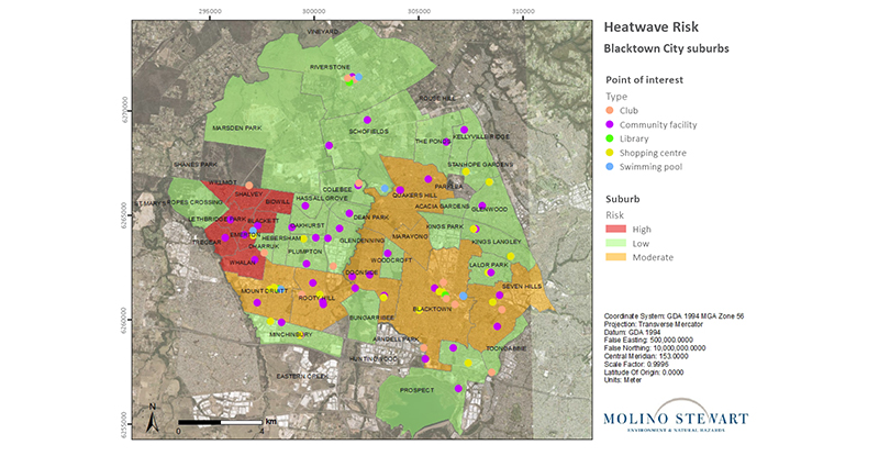 Figure 1: Map of Blacktown City showing the risk of people not being able to access home cooling.