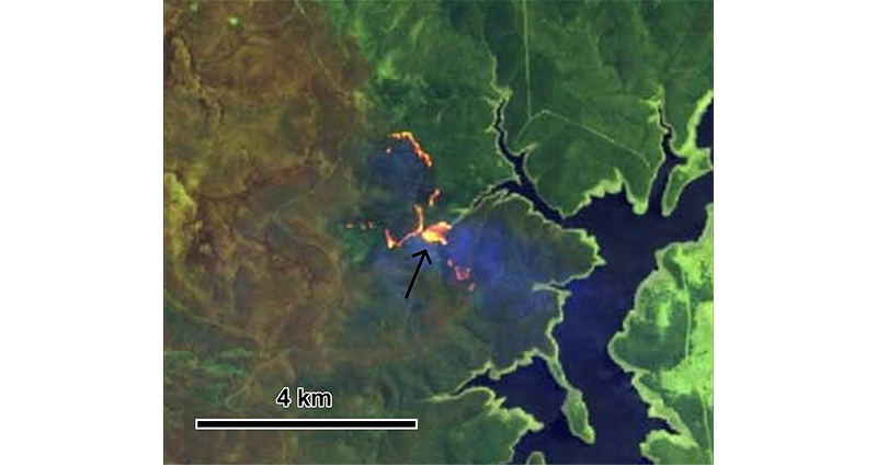 Figure 2: Sentinel 2 image showing that a fire has crossed a watercourse and is joining up with fire on the next ridge. If the latency is low enough (which it was not in this instance), then this is a powerful tool for fire crew safety.  Image: Sentinel Hub